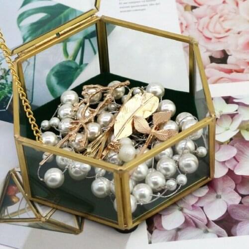 Hexagonal Clear Glass Metal Jewelry Box Decorative Slanted Top Lid Shadow Box Vintage Jewelry Chest Keepsake Storage Case