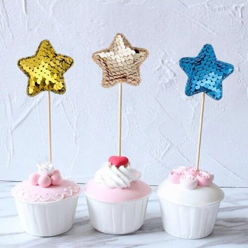 1pc Cupcake Topper with Glitter Sequin Star Cake Toppers Picks for Baby Shower Birthday Wedding Party Cake Decoration Supplies