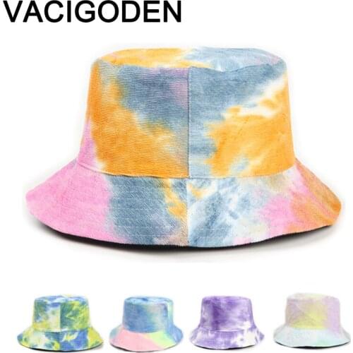 VACIGODEN Women Reversible Tie Dyeing Bucket Hat Mixed Colors Printed Outdoor Corduroy Fisherman Caps De Pescador Gorros