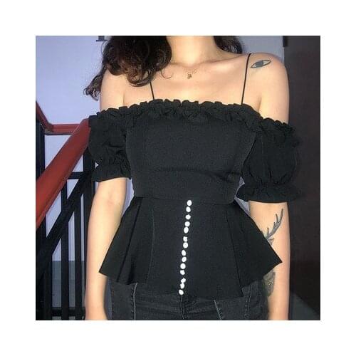 Female Black Sling sexy tube top T-shirt Loose Casual Patchwork Pullover Tees Top Ladies Summer Off Shoulder Ruffles T Shirts