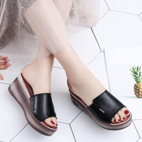 Heel High 6.5 Summer Woman Sandals Shoes Mid Heel Platform Slipper Shoes for Women Split Leather Ladies Slides Slipper Beach
