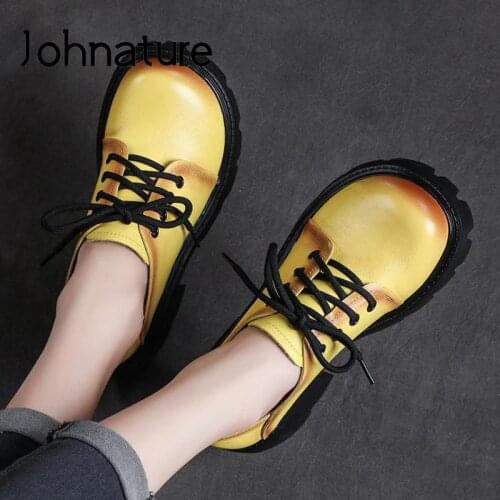 Johnature Pumps Women Shoes Genuine Leather Retro Lace-Up 2021 New Autumn Round Toe British Style Handmade Platform Heels Shoes