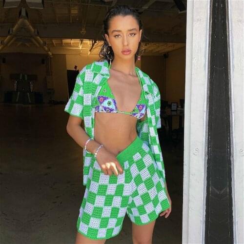Two Piece Sets Women 2021 Summer Plaid Knit Shorts Sets Short Sleeve Button Down Loose Shirts and Shorts Casual 2Pcs Set Female