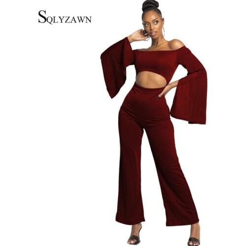 Sexy Off Shoulder Flare Long Sleeve Hollow Out Jumpsuit Women Elegant Solid Black Red White Romper Fall Vintage Zipper Overalls