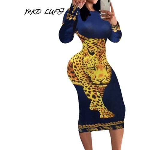 Leopard Print Bodycon Women Dress Long Sleeve Spring Mid-calf Casual Dress