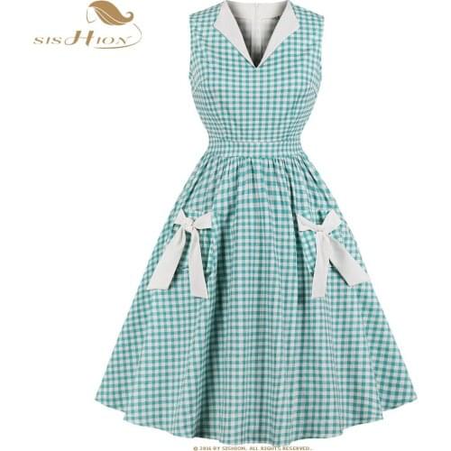 SISHION 50s 60s Retro Hepburn Vintage Plaid Dress Women V-Neck Plus Size Cotton Rockabilly Dress With Pockets Bow VD0889