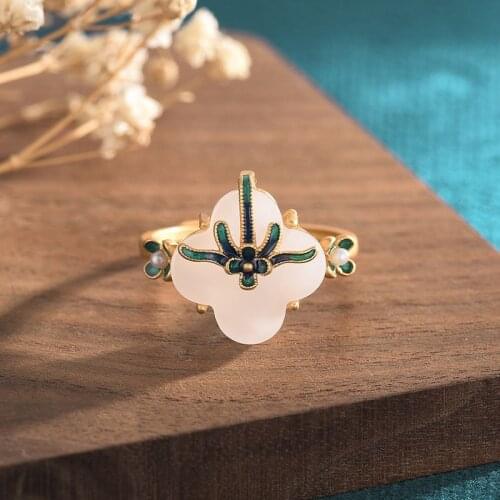 Ethnic Women Fingers Emerald Chalcedony Ring Open Mouth Azul Bahia Cloisonne Metal Ring Jewelry Luxury Gift Matching Cheongsam