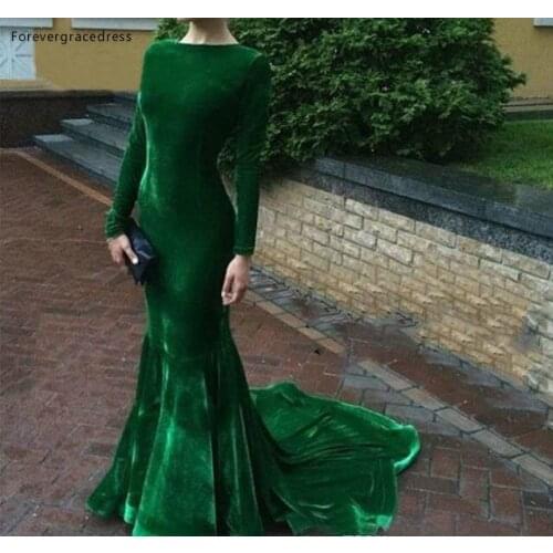 2019 Cheap Hunter Green Velvet Evening Dress Arabic Long Sleeves Formal Holiday Wear Party Gown Custom Made Plus Size