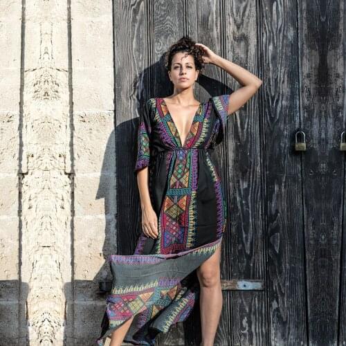 2021 Bohemian Women Summer Beach Dress Swim Wear Cover Up Cotton Tunic Sexy Deep V-Neck Robe Caftan Bikini Cover-ups pareo #Q645