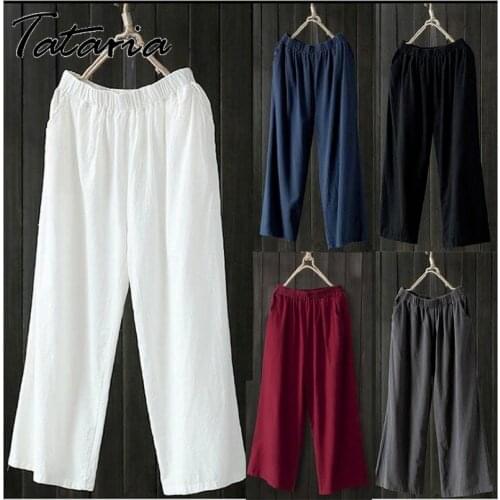 Women Straight Pants Cotton Linen Vintage Wide Leg Pants Causal High Waist Ankle-length Pant Plus Size Trousers Femme Pantalones