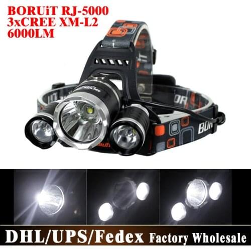 DHL 10pcs/lot RJ-5000 3x XML L2 LED 6000Lm Rechargeable ( 2*18650) Headlamp Headlight