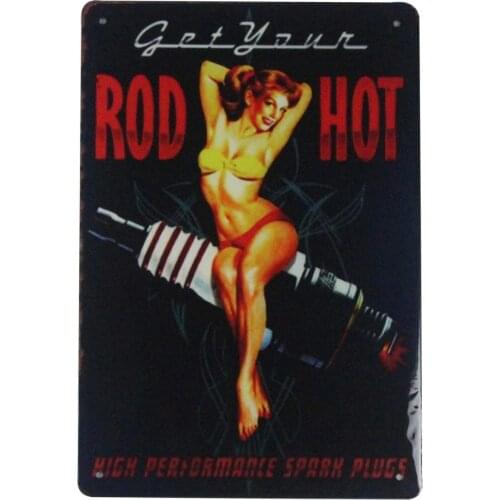EICOCO pin-up Sexy Girl Rod Hot Spark Plug (20x30cm) Retro Metal Tin Vintage Wall Art Sign