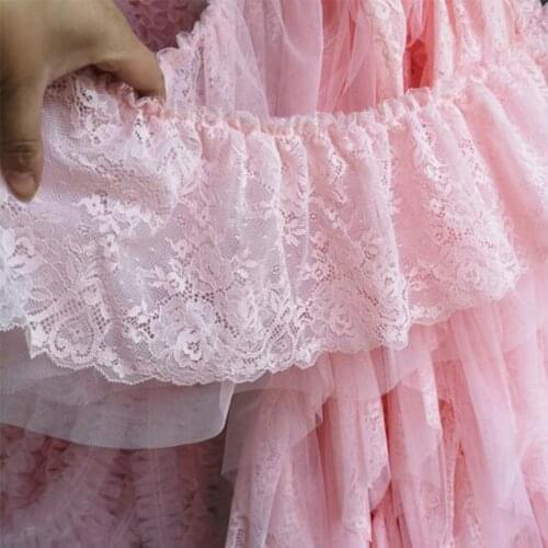 21CM Wide HOT Double layer Embroidery Pink flower lace fabric trim ribbon DIY sewing mesh applique collar dubai wedding decor