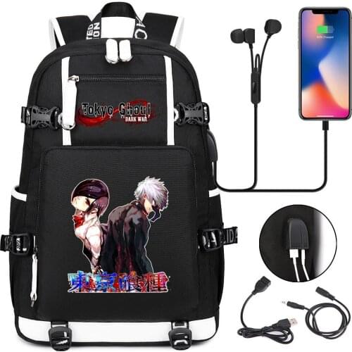 Backpack Tokyo Ghoul USB Charging Headphone Canvas Student Teenager Rucksack Cartoon Schoolbag Travel Laptop Bag