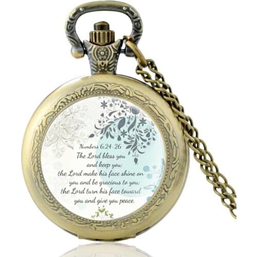 The Lord Bless You, Numbers 6:24 Bible Verse Design Pocket Watch Men Women Charm Pendant Necklace Hours Clock Gifts