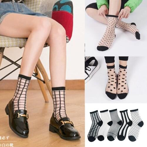 Summer Sexy Mesh Crystal Silk Socks for Women Female Kawaii Embroidery Flower Socks Sweet Cotton Cute Socks Short Socks Sokken