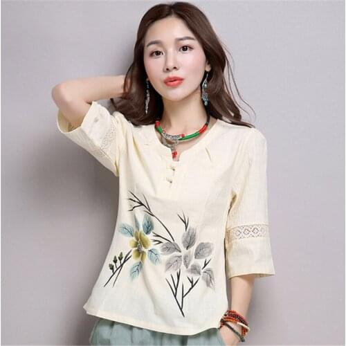 2020 Latest Woman Floral Printed Chinese Top Summer Casual Half Sleeve Split Blouse National Chinese Style Tang Suit for Women