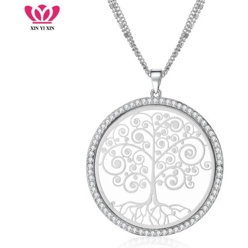 Big Round Hollow Tree Of Life Pendant Necklace Clear Crystal Long Necklaces For women Trendy Style Birthday Jewelry Gifts 2020