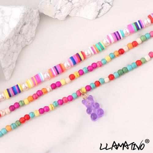Fashion Multicolor Clay Beaded Cute Bear Necklaces For Women Girls Multilayer Pearl Beads Choker Necklace New Party Jewelry Gift
