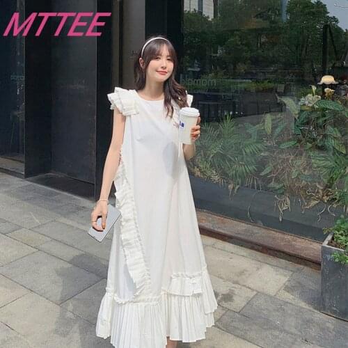 Large Hem Midi Dress Women Summer Dresses Casual Solid Color O Neck Ruffled Sleeveless Clothing sweety Contrast korean Clothing