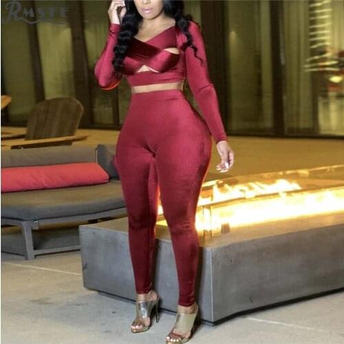 RMSFE 2021 European And American Big Sexy Womens Solid Long Sleeves + Trousers Casual Tight Suit Two-Piece Set