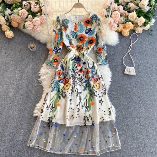 Luxury Flower Embroidered Retro Dress Women New Fashion Elegant Mesh O-Neck 3/4 Sleeve A-line Dress Vestidos De Mujer