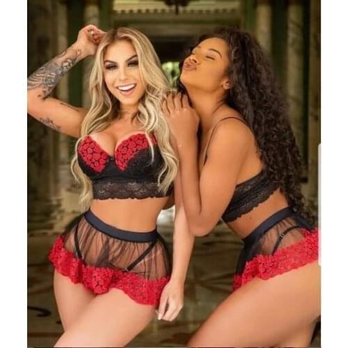 Sexy Lingerie Women Erotic Three-point Sexy Suit Porno Babydoll Black and Red Stitching Teddy Lingerie Temptation Lingerie Set
