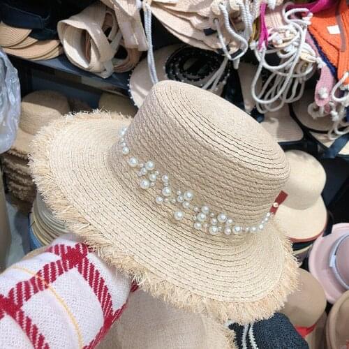 Fashion Flat Top Raffia Girl Sun Hat Pearl Decoration Summer Beach Hat Raffia UV Hats Church Dresses For Women Luxury Hat Cowboy