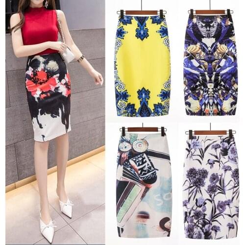 Ready Stock Fashion Women Elastic High Waist Pencil Skirts Midi Skirt Women Printed OL Work Wear Summer women skirt