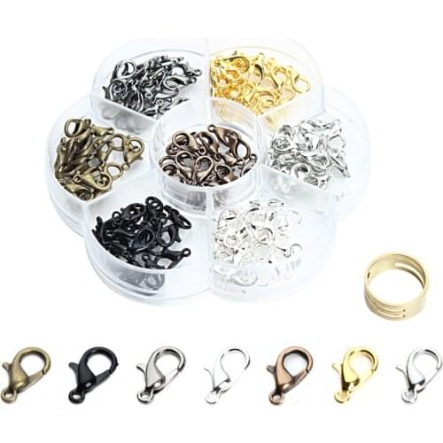 140pcs/box 6*12mm Mixed Metal Iron Lobster Clasps Plastic Box Jewelry Findings Kits Hook Clasps Open Tools Ring for DIY Jewelry