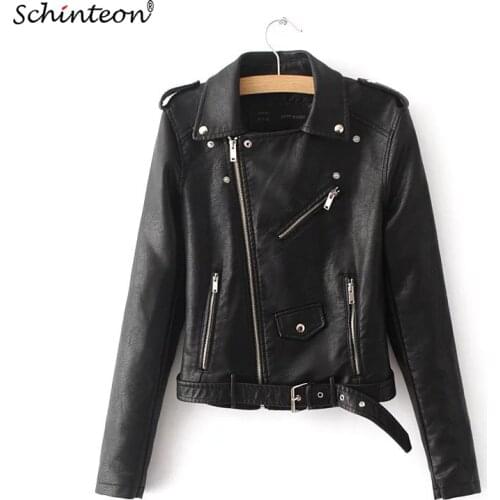 Schinteon PU Leather Jacket Motorcycle Biker Slim Women Bright Colors Casual Outwear Coat