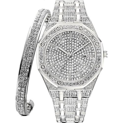 Iced Out Watch + Bangle for Women Charm Bracelet Iced Out Watch for Women Fashion Luxury Sliver Watch Set Jewelry Reloj Mujer