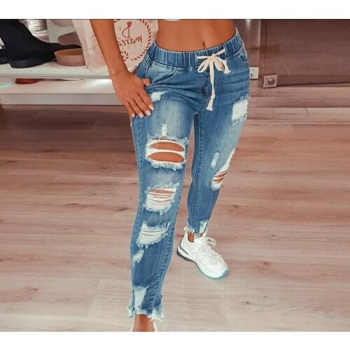 Womens Fashion Hip Hop Broken Holes Denim Jeans Drawstring Ripped Pencil Pants