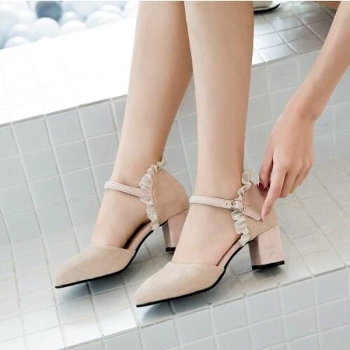Big Size ladies high heels women shoes woman pumps Squareheaded buckled heavyheeled singleshoe woman