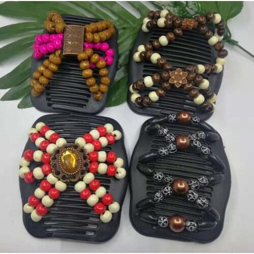 Women Handmade Wood Beaded Magic Hair Combs Double Beaded Elastic Hair Clips Stretch Hairpins For Hair Make Hair Accessories