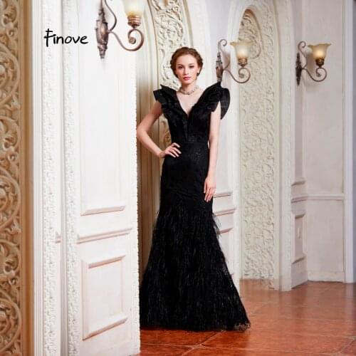 Finove Evening Dress Long 2020 Elegant Black Party Dresses Sexy V Neck Backless Ruffles Sleeves Party Gown Woman Dresses Gowns