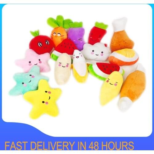 1pc Sounding Puppy Dog Chew Toy Fruit Vegetable Chicken Drum Bone Squeak Toy for Cat Pets Plush Red Pepper Eggplant Radish