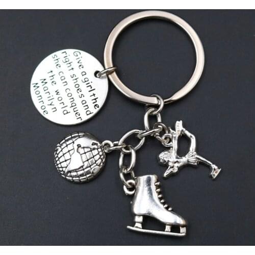WKOUD 1pcs Give A Girl The Right Shoes & She Can Conquer The World Tag Ballet / Figure Skating Charms Motivational Keychain A714