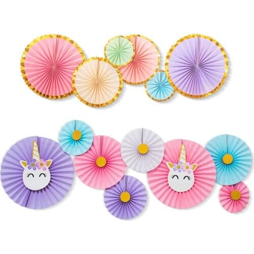 8pcs Unicorn Birthday Party Decor Cartoon Paper Fans Holografic Shine Girl Party Supplies Pink Blue Purple White PAT79