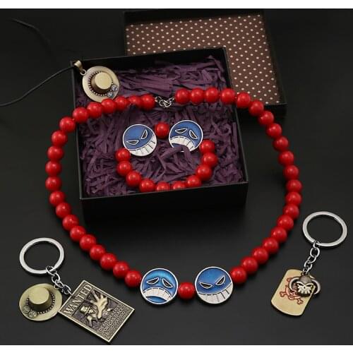 Anime One Piece Jewelry Set Portgas D Ace Necklace Key Chain Beaded Bracelet Pendant