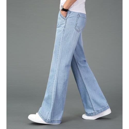 Free Shipping Mens 2020 Summer Lightweight Thin Wide-leg Jeans Flares Trousers Black and Blue Plus Size Business Casual Pants