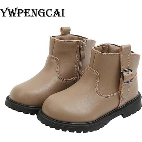 YWPENGCAI Size 21-36 Kids Winter Warm Fur Boots Buckle Zipper Boys Martin Boots Non-slip Girls Ankle Leather Boots