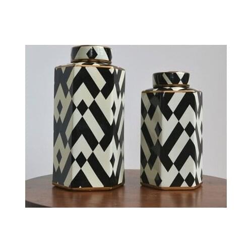 European Style Black And White Six Party Decorative Pot Model Room Living Room Soft Ornament Display porcelain ceramic jar vase