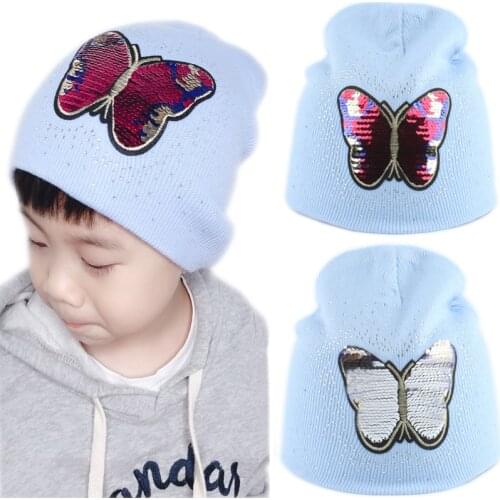 Girls Baby Beanie Winter Hat For Kids Cartoon Butterfly Sequin Winter Cap Children Warm Knitted Rhinestone Skullies Beanies
