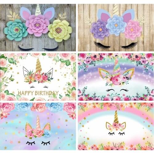 Unicorn Party Backgrounds Wooden Board Flowers Rainbow Birthday Photography Backdrops Baby Shower Photocall Newborn Photozone