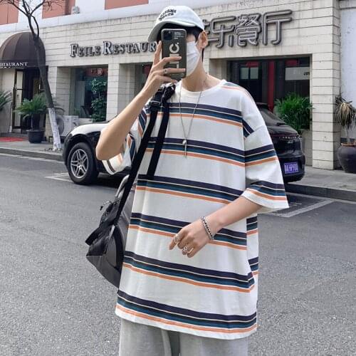 The New Summer 2021 Striped Print T-shirt For Mens Fashion Instagram Brand Vintage Loose Mens Top T-shirt
