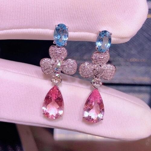 H1007 Fine Jewelry Real Pure 18 K Gold AU750 Blue Aquamarine and Morganite 3.66ct Drop Earrings for Women Fine Earrings