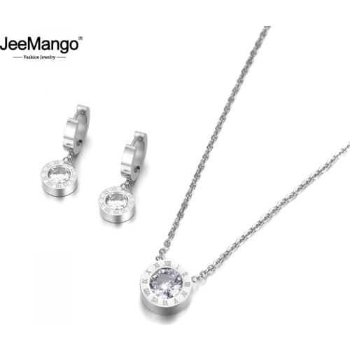 JeeMango Roman Numerals Cubic Zirconia Pendant Necklace Earrings Ring Jewelry Sets Titanium Steel For Wedding Bands JSE007P