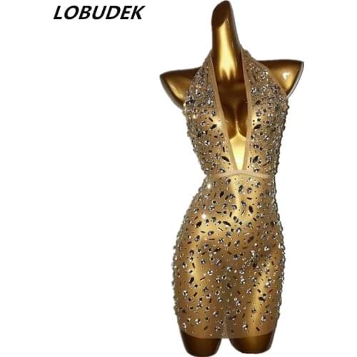 Sparkly Rhinesontes V-neck Mesh Short Dress Transparent Backless Halter Crystals Sleeveless Outfit Women Nightclub Stage Costume