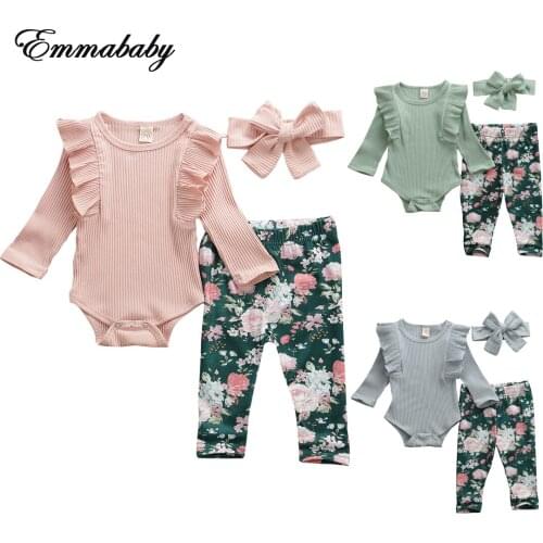 NEW 20220 Newborn Baby Girl Clothes Solid Color Knitted Cotton Romper Tops Flower Print Long Pants Headband 3Pcs Outfits Clothes